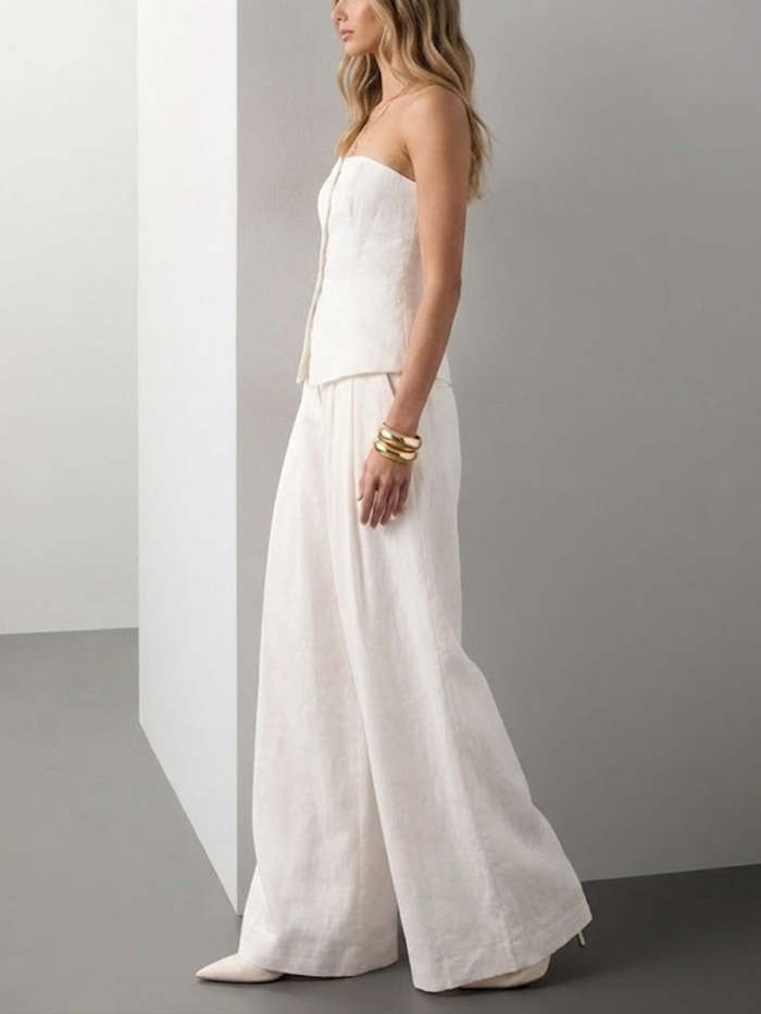 Women's Strapless Top And Wide-leg Pants Cotton And Linen Set