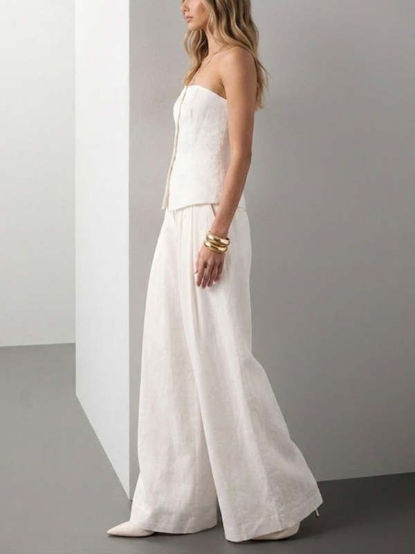 Women's Strapless Top And Wide-leg Pants Cotton And Linen Set