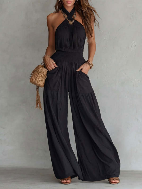 Women's Bohemian-style Backless Halter-neck Sleeveless Wide-leg Jumpsuit