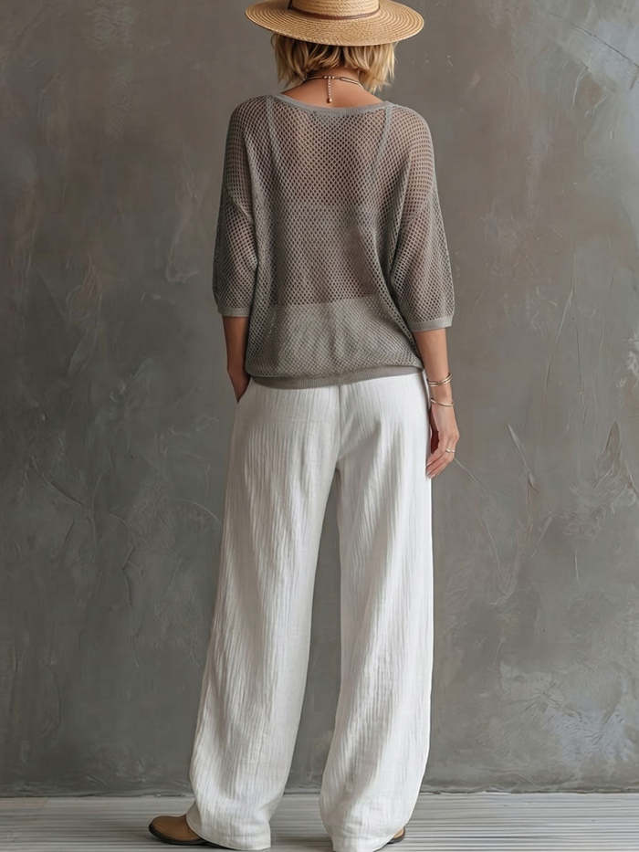 Women's U-neck 3/4-sleeve Cutout Top And Cotton-linen Pants Two-piece Set
