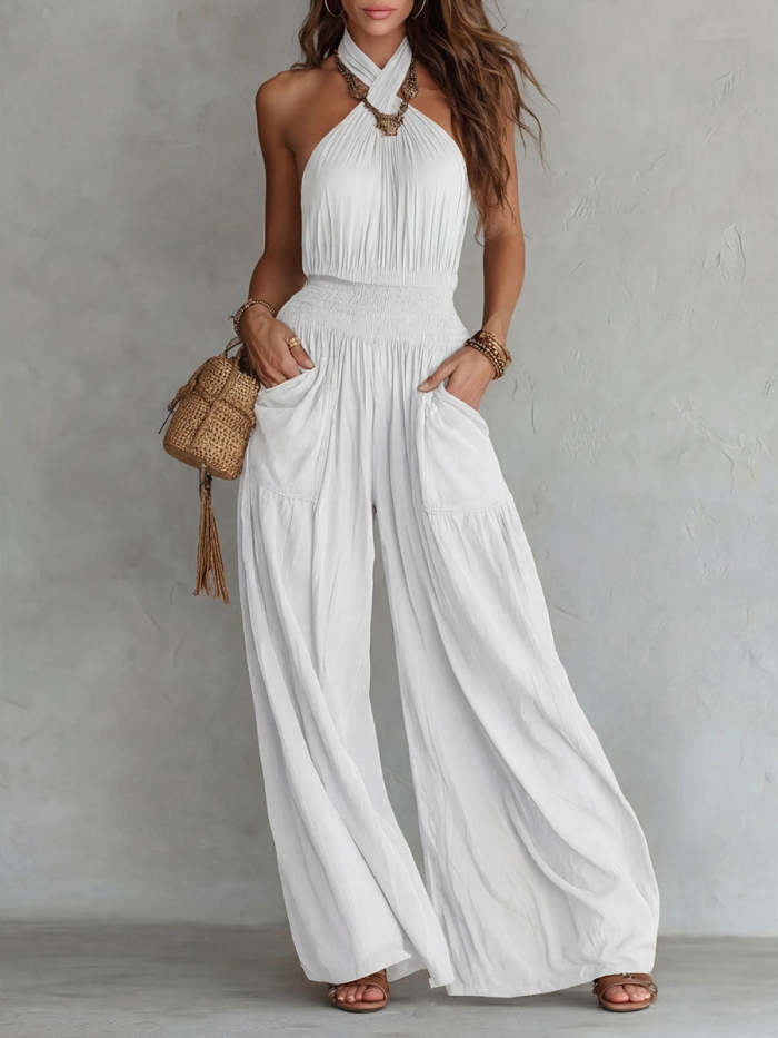 Women's Bohemian-style Backless Halter-neck Sleeveless Wide-leg Jumpsuit
