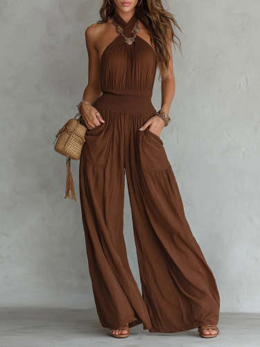 Women's Bohemian-style Backless Halter-neck Sleeveless Wide-leg Jumpsuit