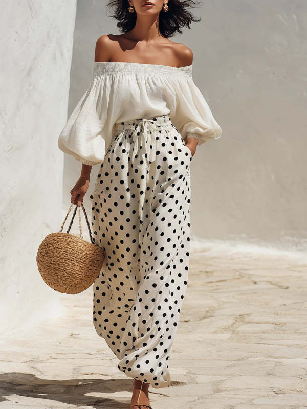 Women's Vacation-style Off-shoulder Top With Polka Dot Wide-leg Pants Set