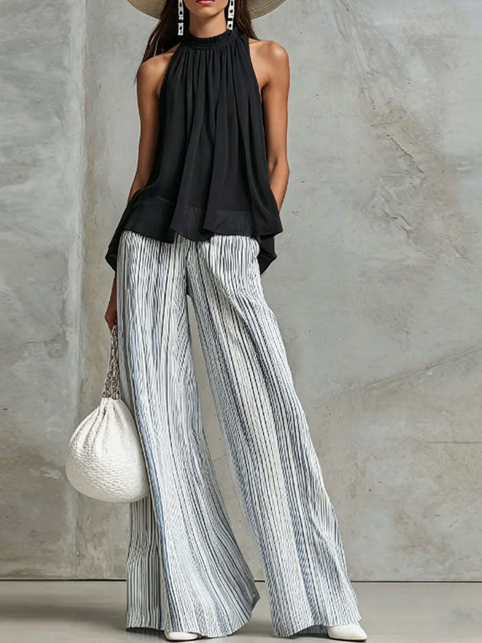 Women's Halter-neck Mesh Sleeveless Top & Striped Trousers Set