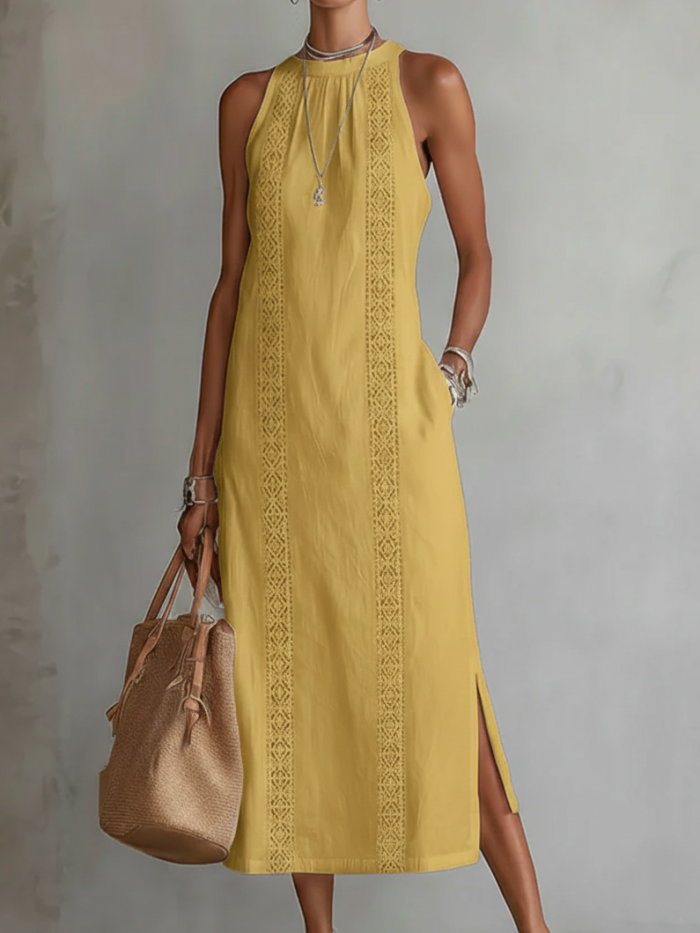 🌿 Elegant Retro Cozy Lace Minimalist Linen Dress