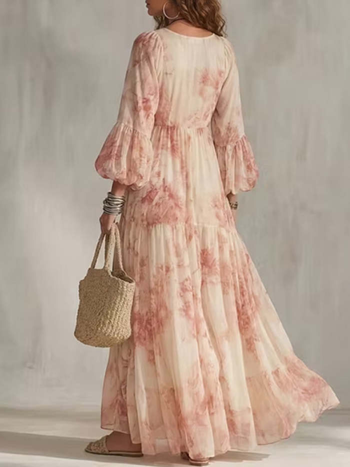 Floral Print V-neck Lantern Sleeve Tiered Maxi Dress