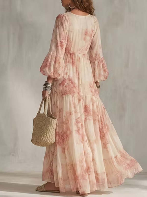 Floral Print V-neck Lantern Sleeve Tiered Maxi Dress