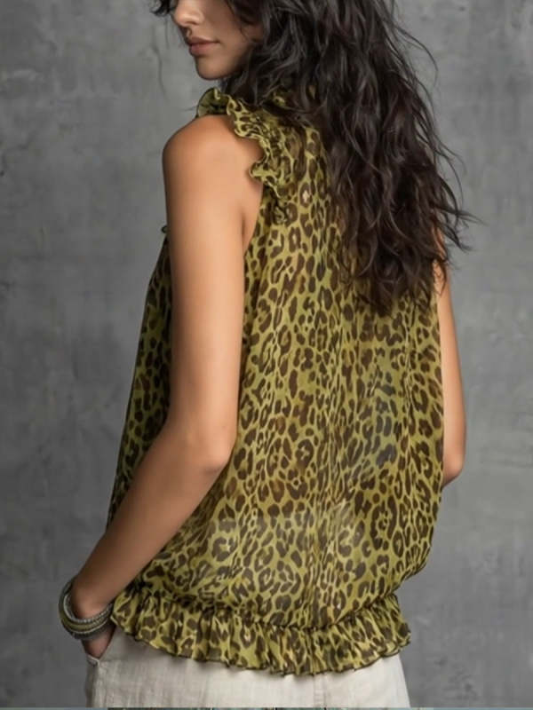 Chic And Casual Sleeveless Leopard-print Chiffon Top With A Half-zip.