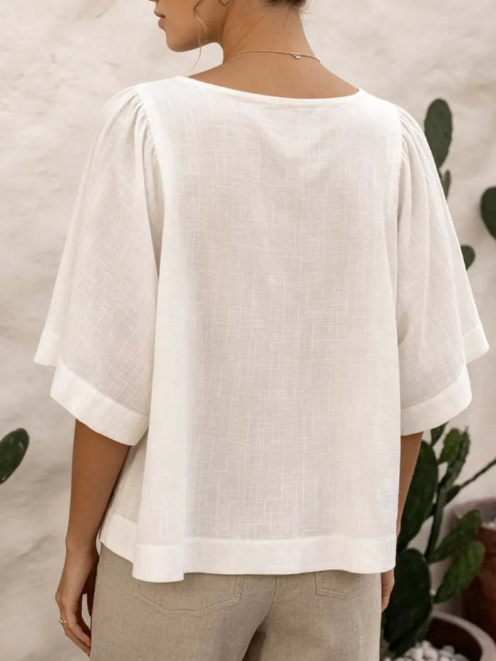 Women's Cotton And Linen V-neck Doll Blouse