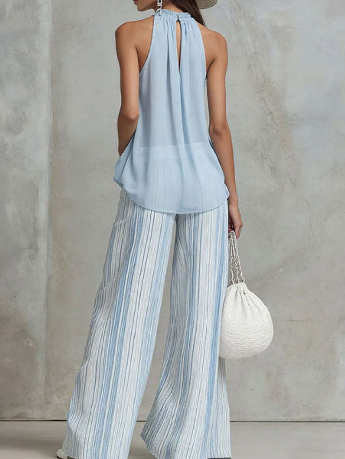 Women's Halter-neck Mesh Sleeveless Top & Striped Trousers Set