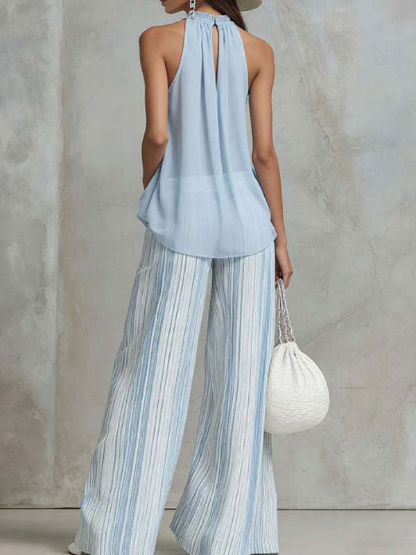 Women's Halter-neck Mesh Sleeveless Top & Striped Trousers Set