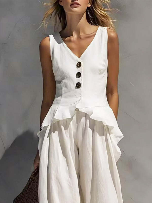 Women's Art Ruffle Stylish Casual Top And Pants Cotton Linen Two-piece Set