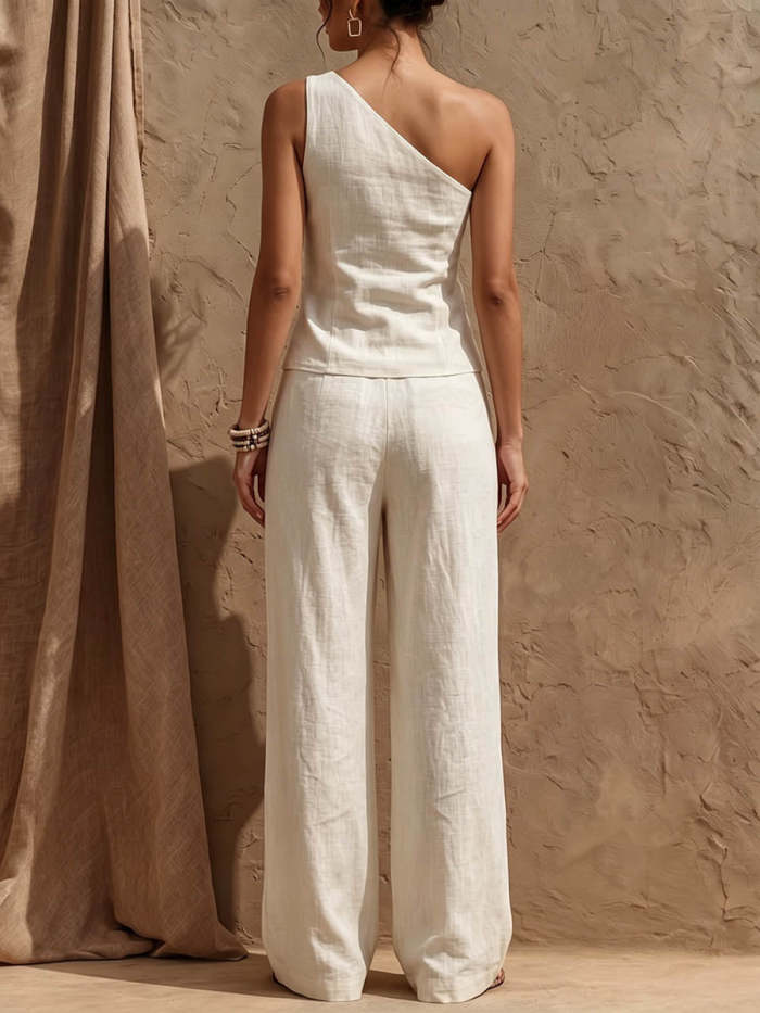 Women's Solid-color Asymmetric One-shoulder Sleeveless Casual Loose Cotton-linen Top And High-waisted Wide-leg Pants Set