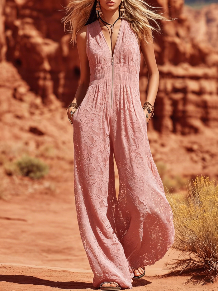 Bohemian Lace Halter V-neck Wide-leg Jumpsuit With Cinched Waist