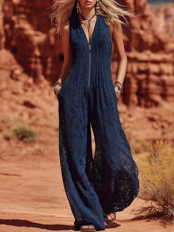 Bohemian Lace Halter V-neck Wide-leg Jumpsuit With Cinched Waist