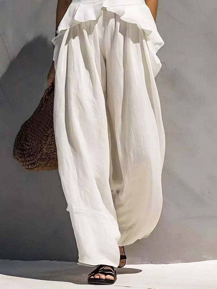 Women's Art Ruffle Stylish Casual Top And Pants Cotton Linen Two-piece Set