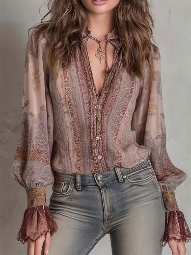 Women's Vintage Long-sleeve Lantern-sleeve Shirt