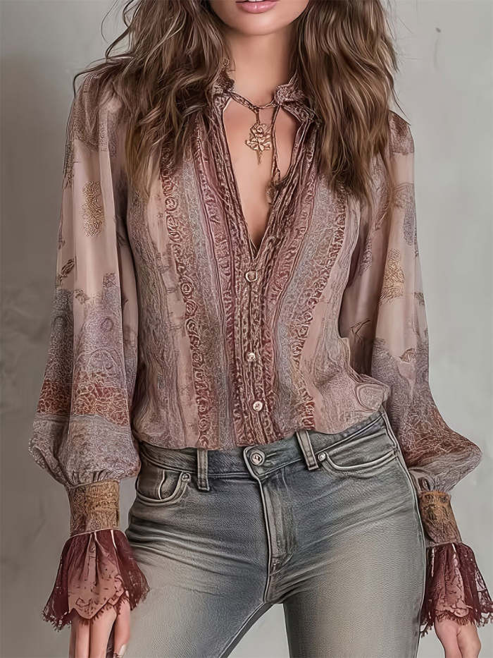 Women's Vintage Long-sleeve Lantern-sleeve Shirt