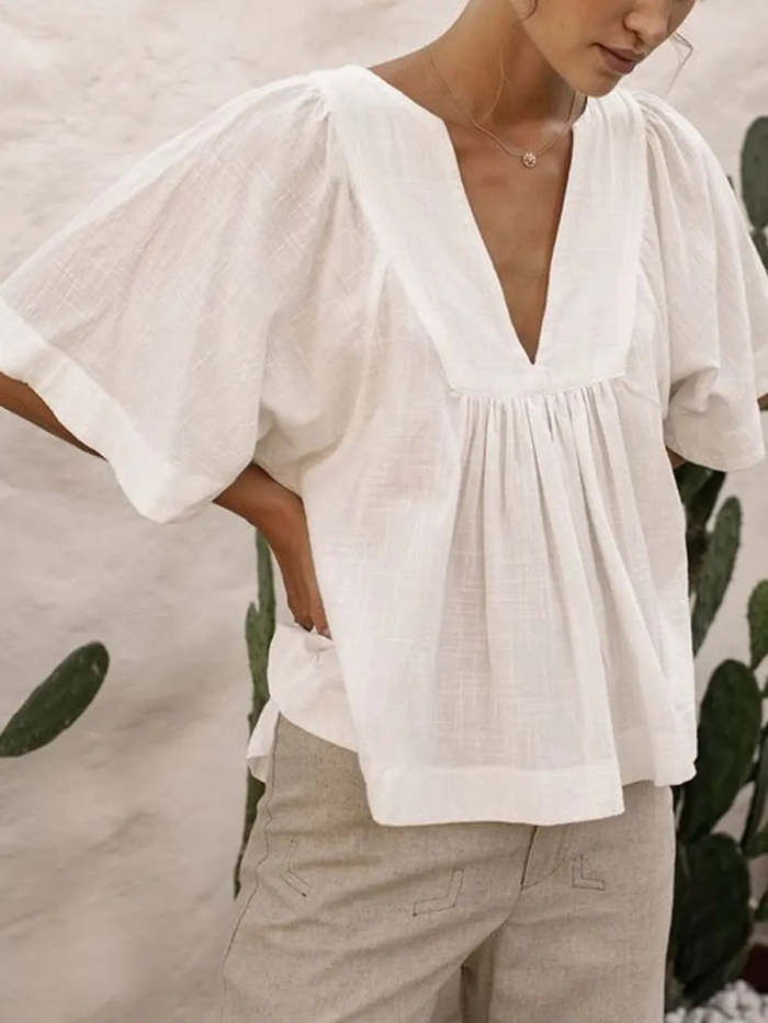 Women's Cotton And Linen V-neck Doll Blouse