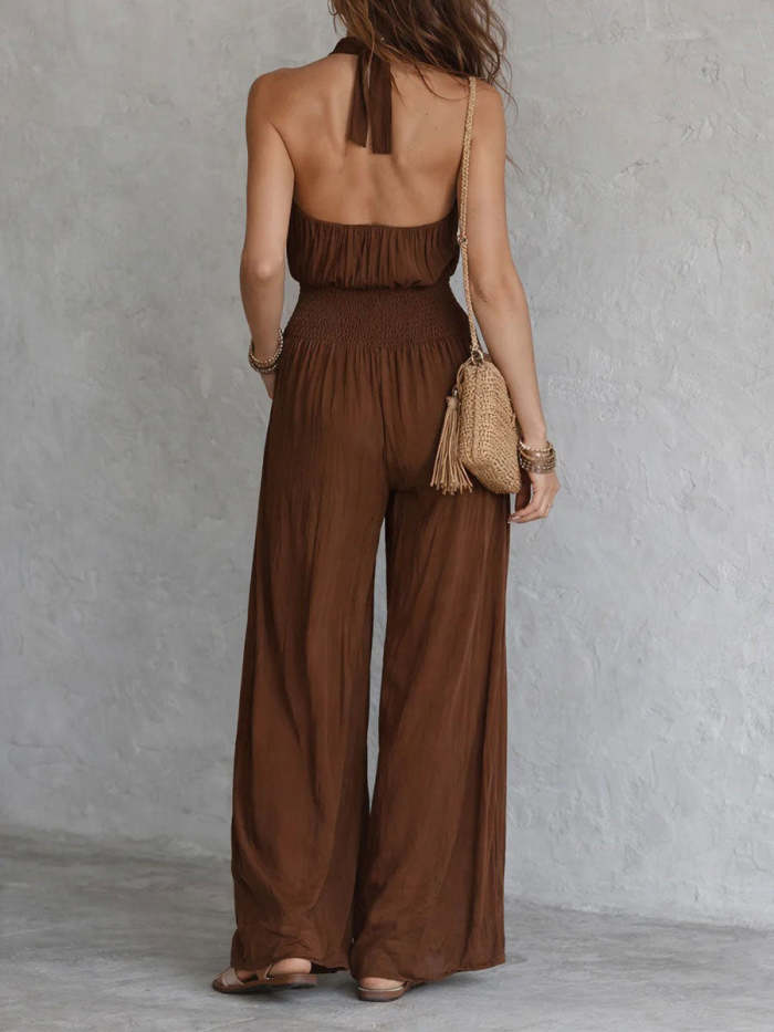 Women's Bohemian-style Backless Halter-neck Sleeveless Wide-leg Jumpsuit