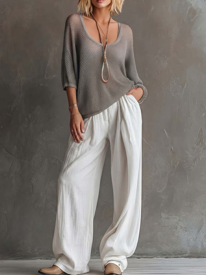 Women's U-neck 3/4-sleeve Cutout Top And Cotton-linen Pants Two-piece Set