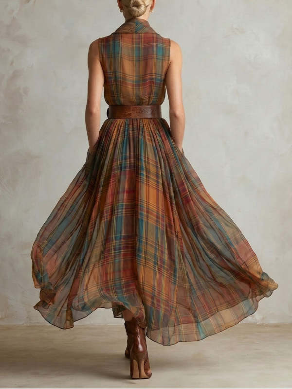Women's Classic Plaid Draped Neckline Sleeveless Dress