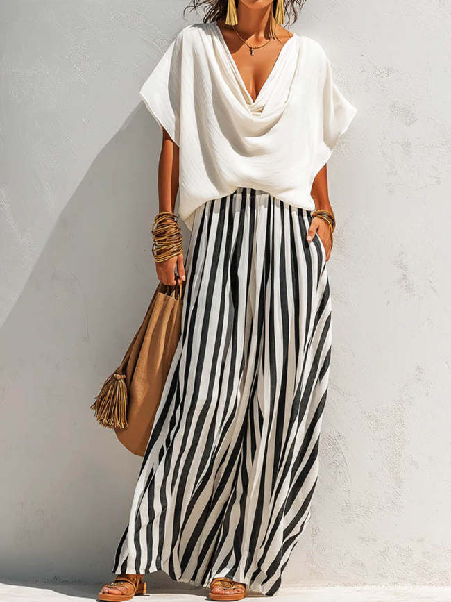 Women's Solid-color Cowl-neck Short-sleeve Loose-fit Cotton-linen Top & Elastic-waist Striped Wide-leg Cotton-linen Pants Set