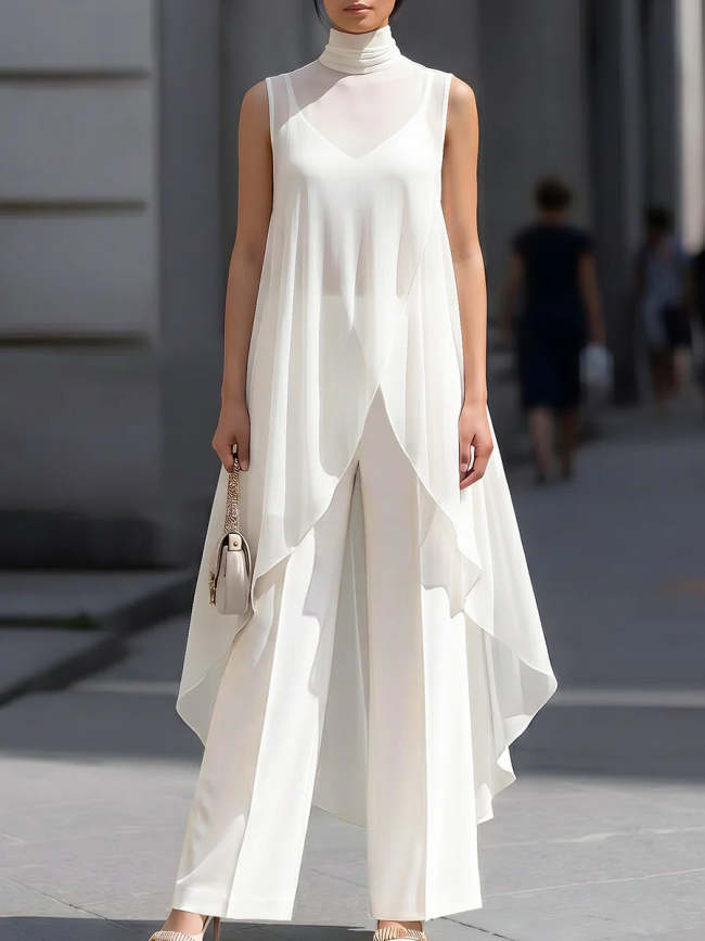 Elegant Chiffon Sleeveless Long Top & Cotton Trousers Two-piece Set