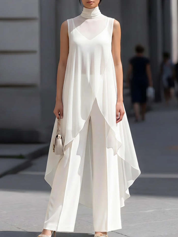 Elegant Chiffon Sleeveless Long Top & Cotton Trousers Two-piece Set
