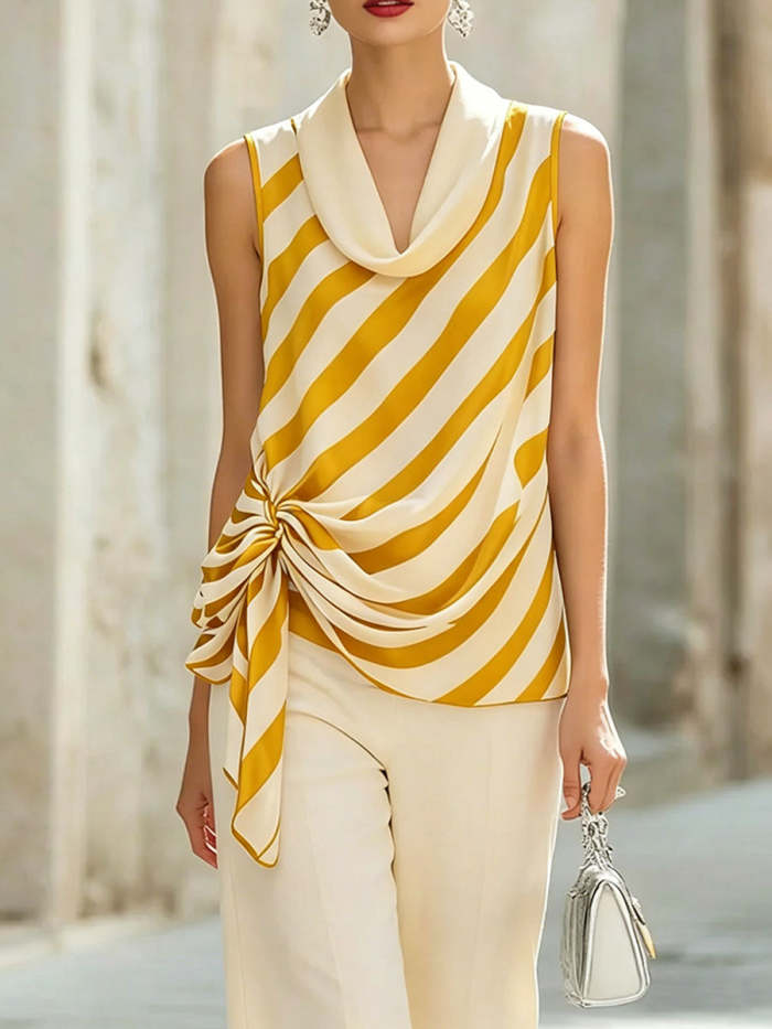 Women's Striped Print Cowl Neck Sleeveless Casual Loose Ruched Top