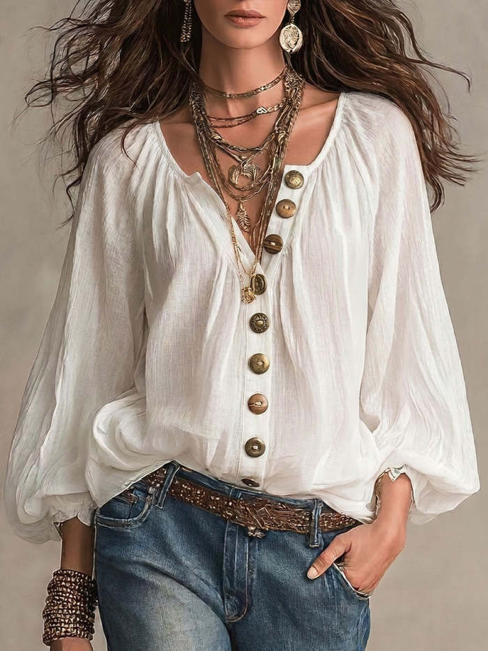Women's Loose-fit Casual Crew-neck Long-sleeve Shirt