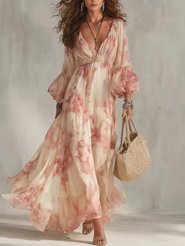 Floral Print V-neck Lantern Sleeve Tiered Maxi Dress