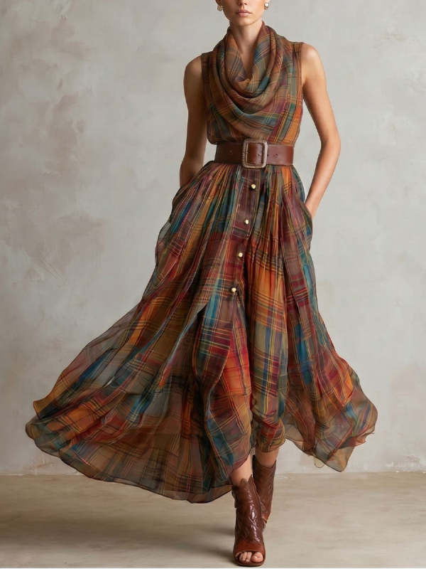 Women's Classic Plaid Draped Neckline Sleeveless Dress