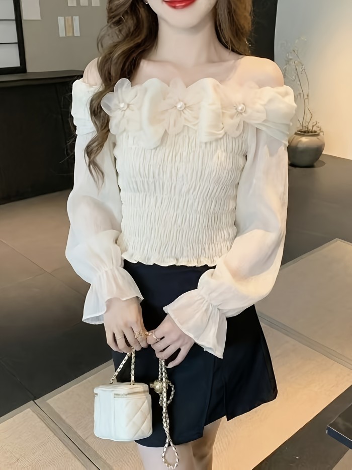 Off-The-Shoulder Three-Dimensional Flower Long-Sleeved Shirt Women'S Lotus Leaf Edge Waist- Shirt Gentle Style Slim Top
