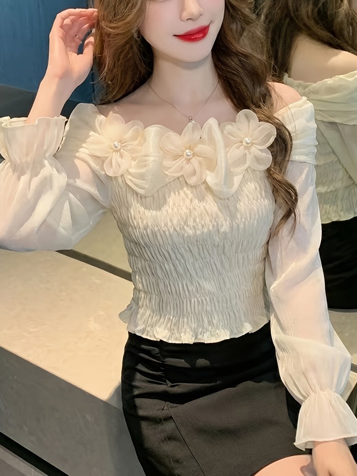 Off-The-Shoulder Three-Dimensional Flower Long-Sleeved Shirt Women'S Lotus Leaf Edge Waist- Shirt Gentle Style Slim Top