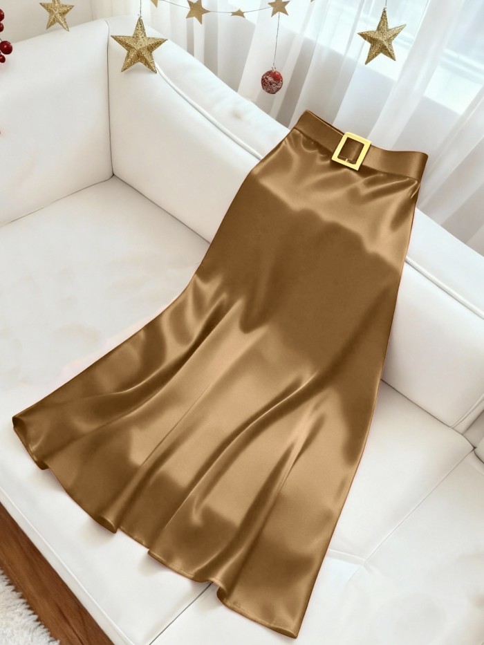 Glossy Fabric Elegant Midi Skirt