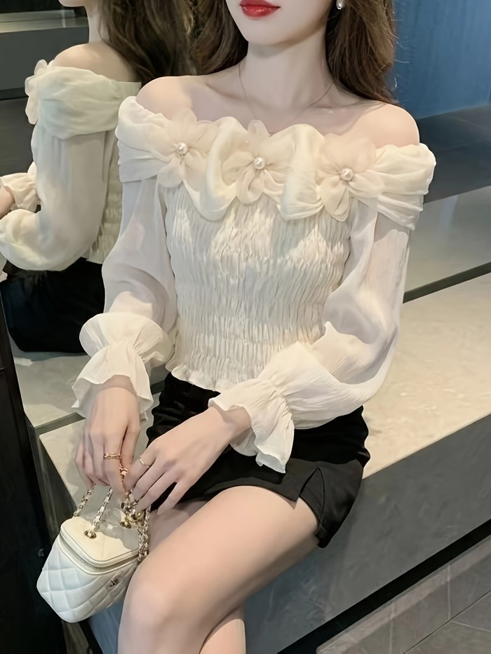 Off-The-Shoulder Three-Dimensional Flower Long-Sleeved Shirt Women'S Lotus Leaf Edge Waist- Shirt Gentle Style Slim Top