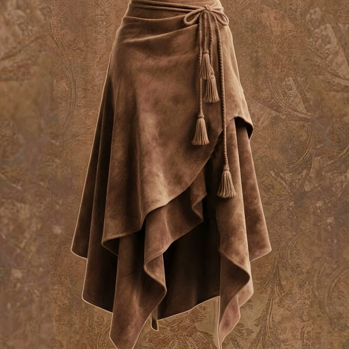 Vintage-style Irregular Midi Skirt with Waist Tie and Fringe Detail