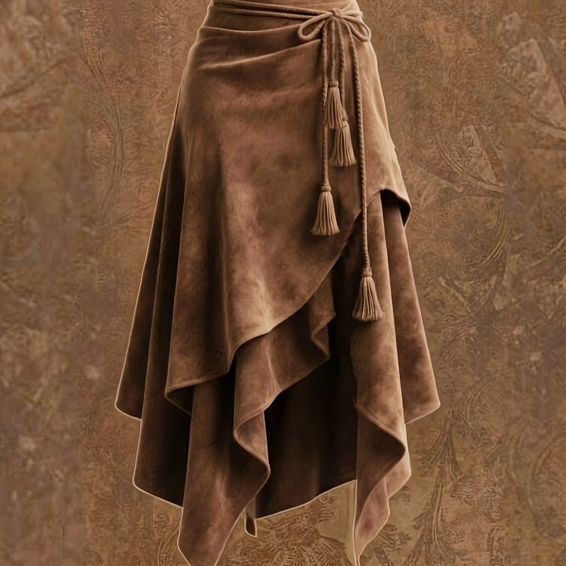 Vintage-style Irregular Midi Skirt with Waist Tie and Fringe Detail