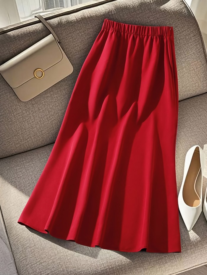 Women's A-line Skirt, Solid Color, Spring\u002Fsummer, Elegant Casual, Metal Buckle Embellished