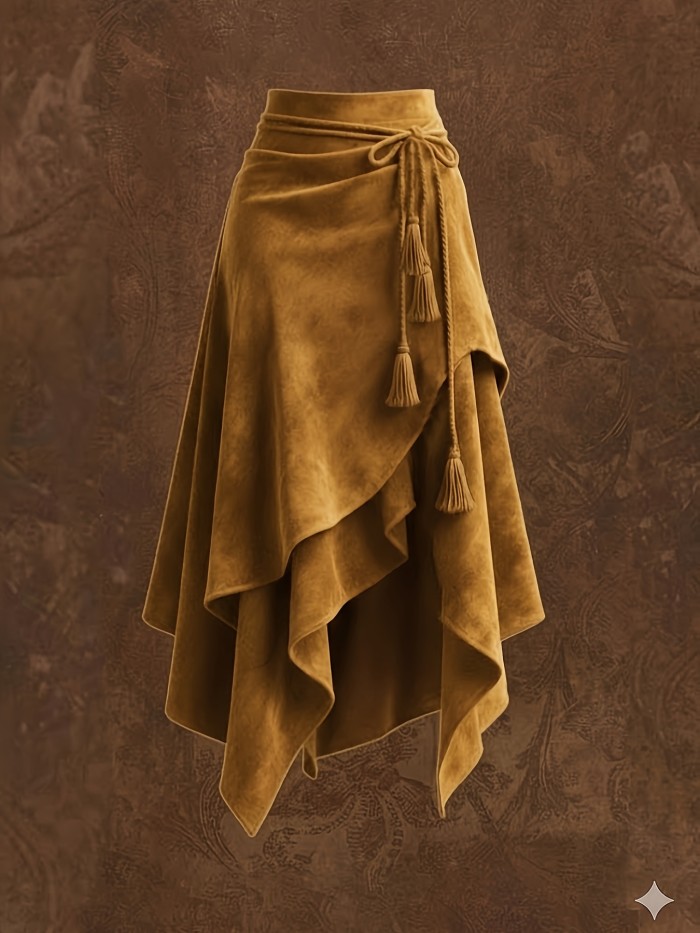 Vintage-style Irregular Midi Skirt with Waist Tie and Fringe Detail