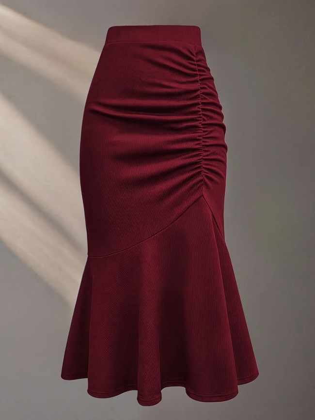 Elegant Solid Color Pleated Elastic Waist Mermaid Skirt | Asymmetrical Design, Suitable for All Seasons