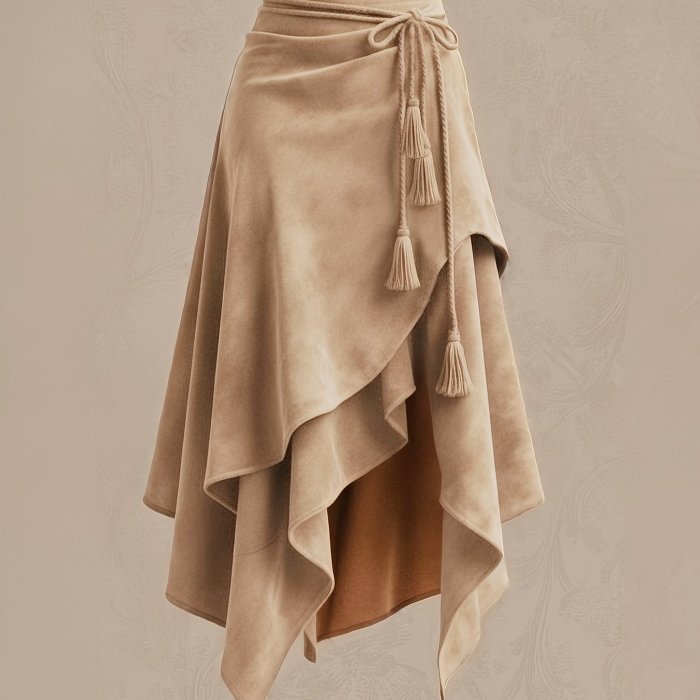 Vintage-style Irregular Midi Skirt with Waist Tie and Fringe Detail