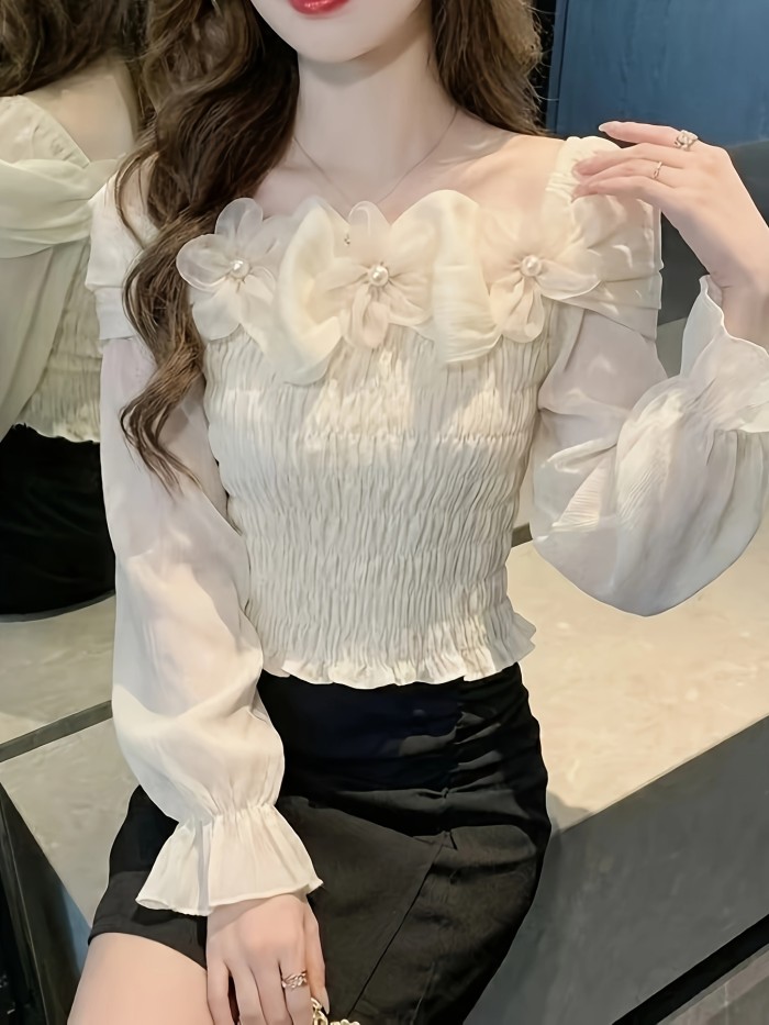 Off-The-Shoulder Three-Dimensional Flower Long-Sleeved Shirt Women'S Lotus Leaf Edge Waist- Shirt Gentle Style Slim Top