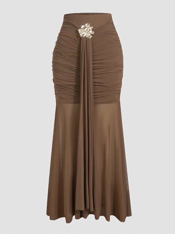 Metallic Floral Mesh Pleated Fishtail Midi Skirt
