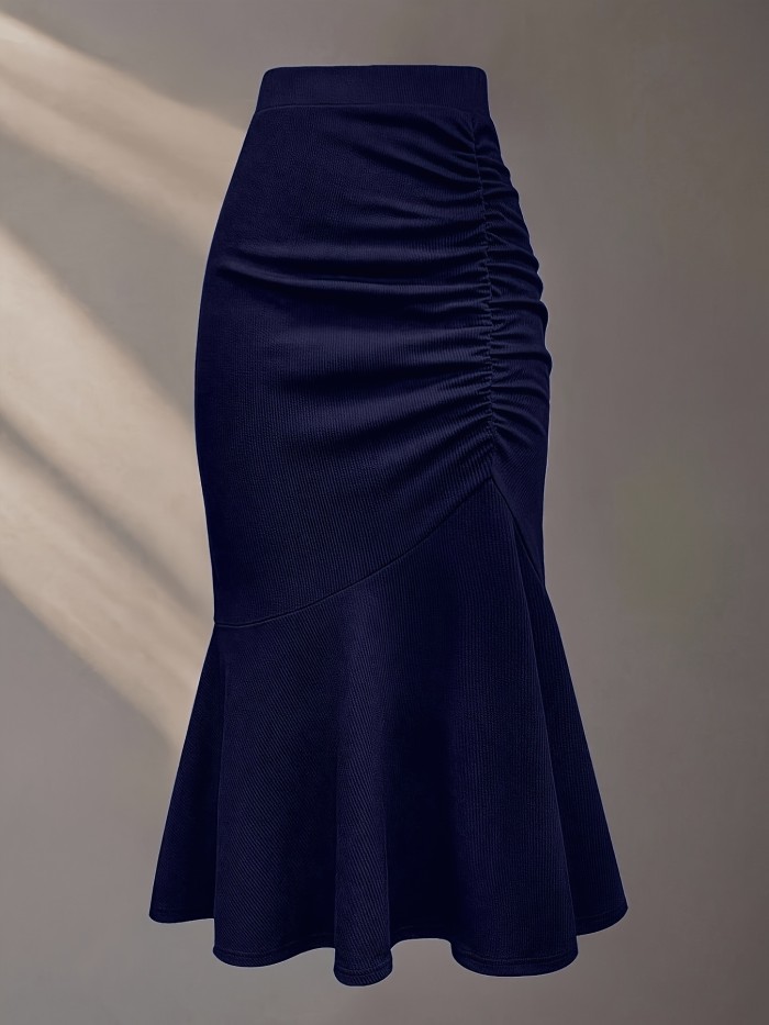 Elegant Solid Color Pleated Elastic Waist Mermaid Skirt | Asymmetrical Design, Suitable for All Seasons