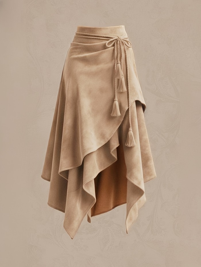Vintage-style Irregular Midi Skirt with Waist Tie and Fringe Detail