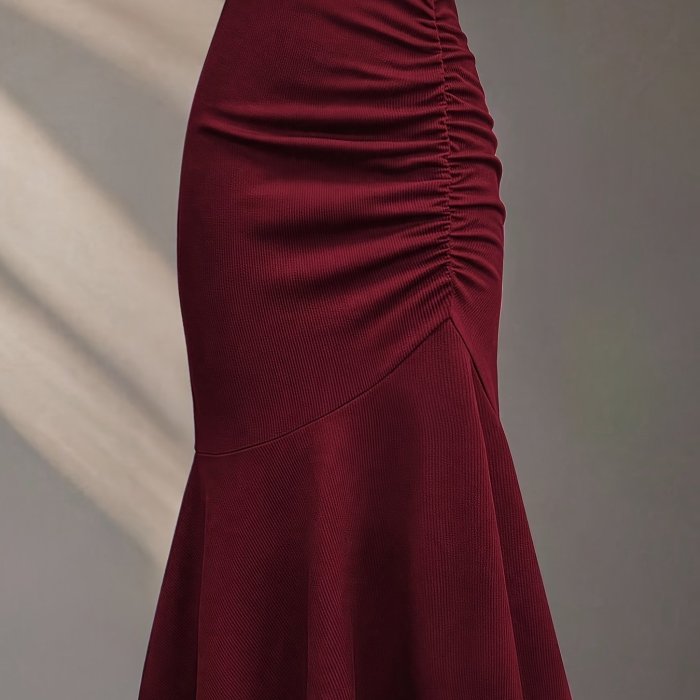 Elegant Solid Color Pleated Elastic Waist Mermaid Skirt | Asymmetrical Design, Suitable for All Seasons