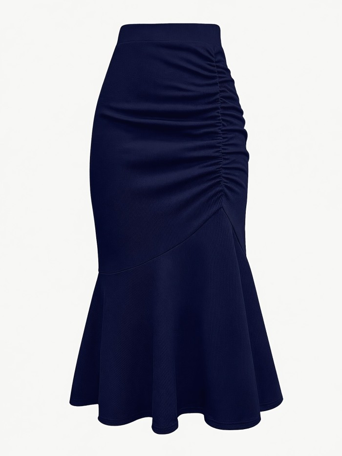 Elegant Solid Color Pleated Elastic Waist Mermaid Skirt | Asymmetrical Design, Suitable for All Seasons