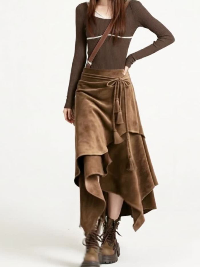 Vintage-style Irregular Midi Skirt with Waist Tie and Fringe Detail
